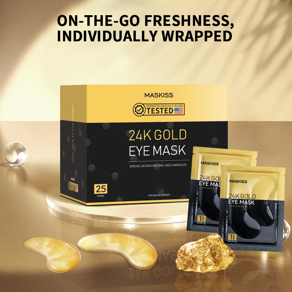 Maskiss 24k Gold Under Eye Patches (25 Pairs), eye mask, Collagen Skin Care Products - Maple Wellness Supplements