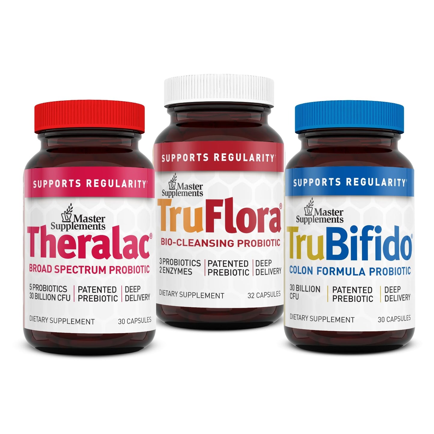 Master Supplements 30-Day Probiotic Gut Reset - Includes Theralac (30 ct.), TruBifido (30 ct.) & TruFlora (30 ct.) - Supports Optimal Gut Health - Gluten Free - Maple Wellness Supplements