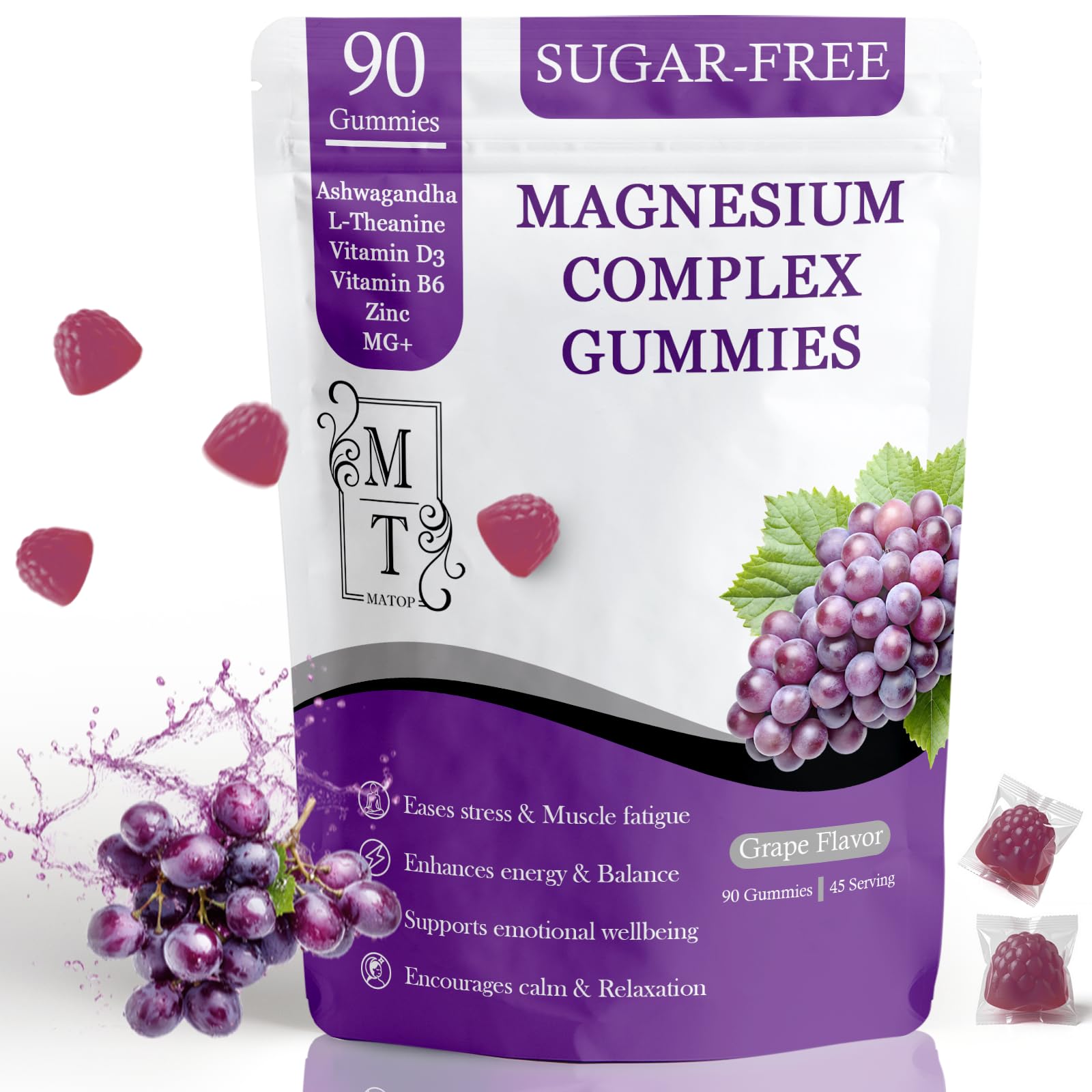 MATOP Magnesium Complex for Women Gummies - 8 in 1 Triple Magnesium Complex (Glycinate, Malate, Citrate) with L-Theanine, Ashwagandha, Vitamin D3, B6 & Zinc - Stress, Calm & Focus - 90 Vegan Gummies - Maple Wellness Supplements