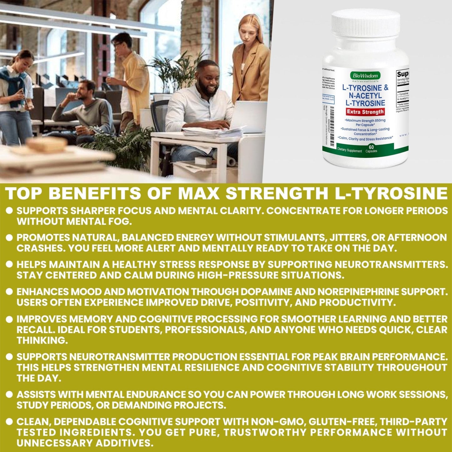 Max Strength L Tyrosine Supplement & N Acetyl L Tyrosine Peak Focus, Alertness, Concentration, Body & Mind Energy. L-Tyrosine 850mg Per 1 Capsule. A Well-Being Nutrient Boost For Performance - Maple Wellness Supplements