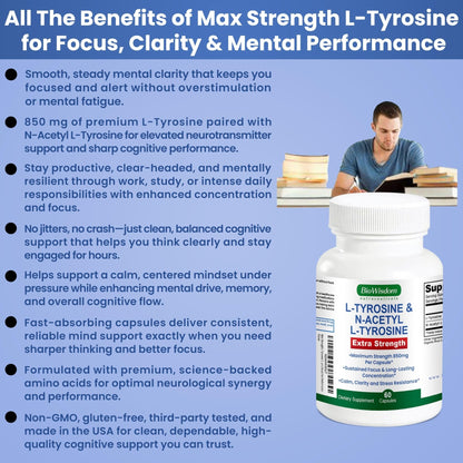 Max Strength L Tyrosine Supplement & N Acetyl L Tyrosine Peak Focus, Alertness, Concentration, Body & Mind Energy. L-Tyrosine 850mg Per 1 Capsule. A Well-Being Nutrient Boost For Performance - Maple Wellness Supplements