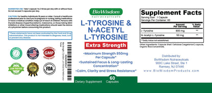 Max Strength L Tyrosine Supplement & N Acetyl L Tyrosine Peak Focus, Alertness, Concentration, Body & Mind Energy. L-Tyrosine 850mg Per 1 Capsule. A Well-Being Nutrient Boost For Performance - Maple Wellness Supplements