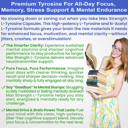 Max Strength L Tyrosine Supplement & N Acetyl L Tyrosine Peak Focus, Alertness, Concentration, Body & Mind Energy. L-Tyrosine 850mg Per 1 Capsule. A Well-Being Nutrient Boost For Performance - Maple Wellness Supplements