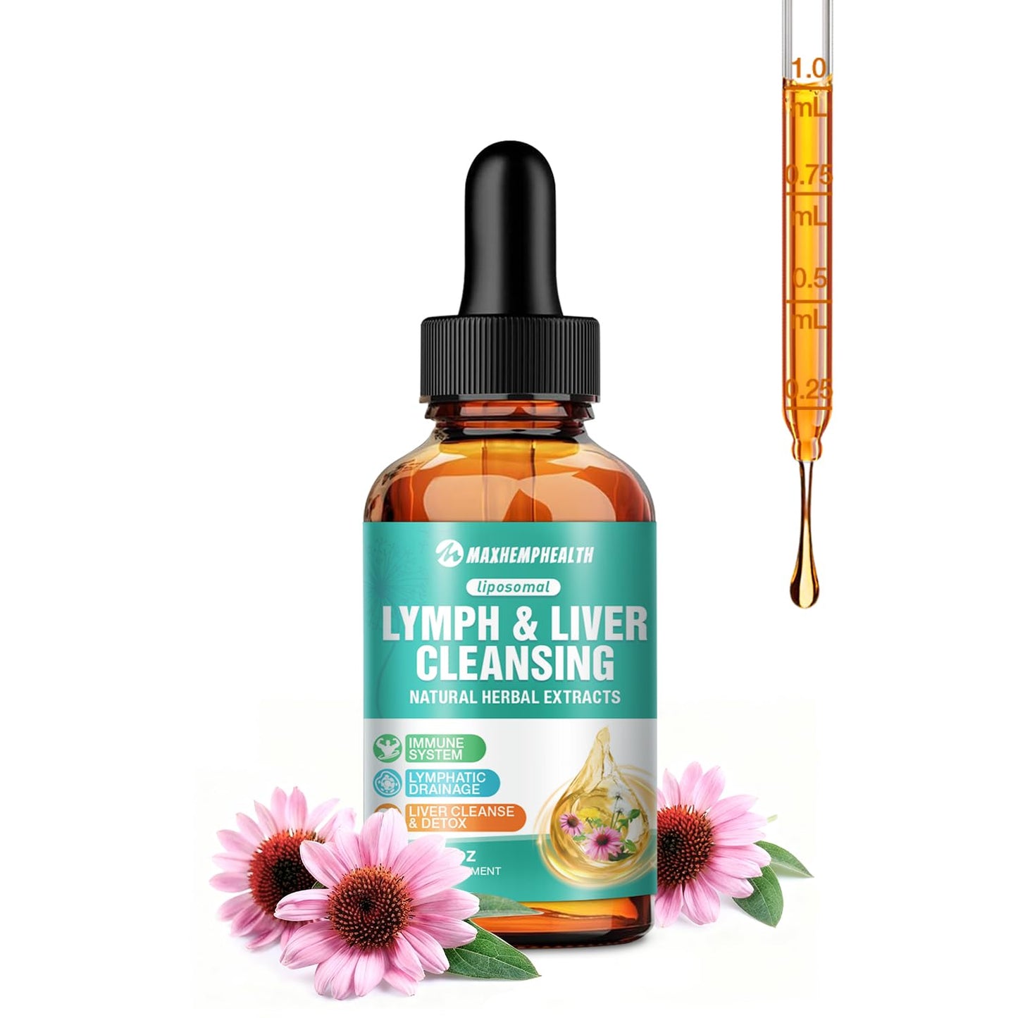 Maxhemphealth Liposomal Lymphatic Drainage Drops - 60ML Lymph & Liver Cleanse Supplement, Natural Herbal Blend & Multivitamin for Immunity, Lymphatic Support & Liver Detox, Vegan, Non-GMO, Gluten-Free - Maple Wellness Supplements