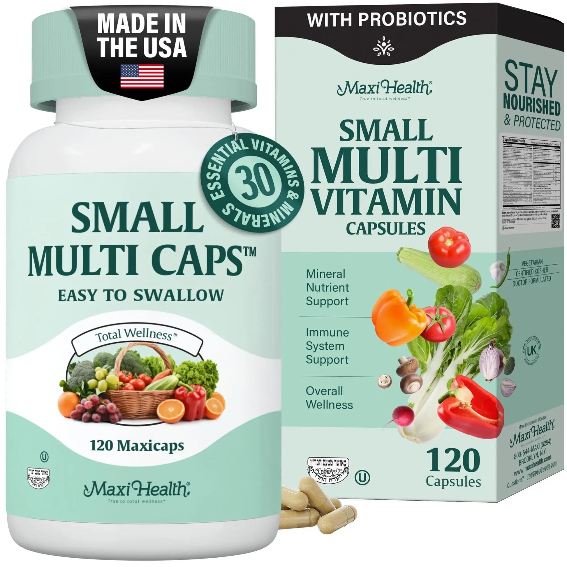 Maxi Health Multivitamin – Easy to Swallow Multi Vitamin Capsules with 30 Nutrients, Iron & Probiotics – Kosher Daily Multivitamins Small Capsules - Maple Wellness Supplements