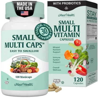 Maxi Health Multivitamin – Easy to Swallow Multi Vitamin Capsules with 30 Nutrients, Iron & Probiotics – Kosher Daily Multivitamins Small Capsules - Maple Wellness Supplements