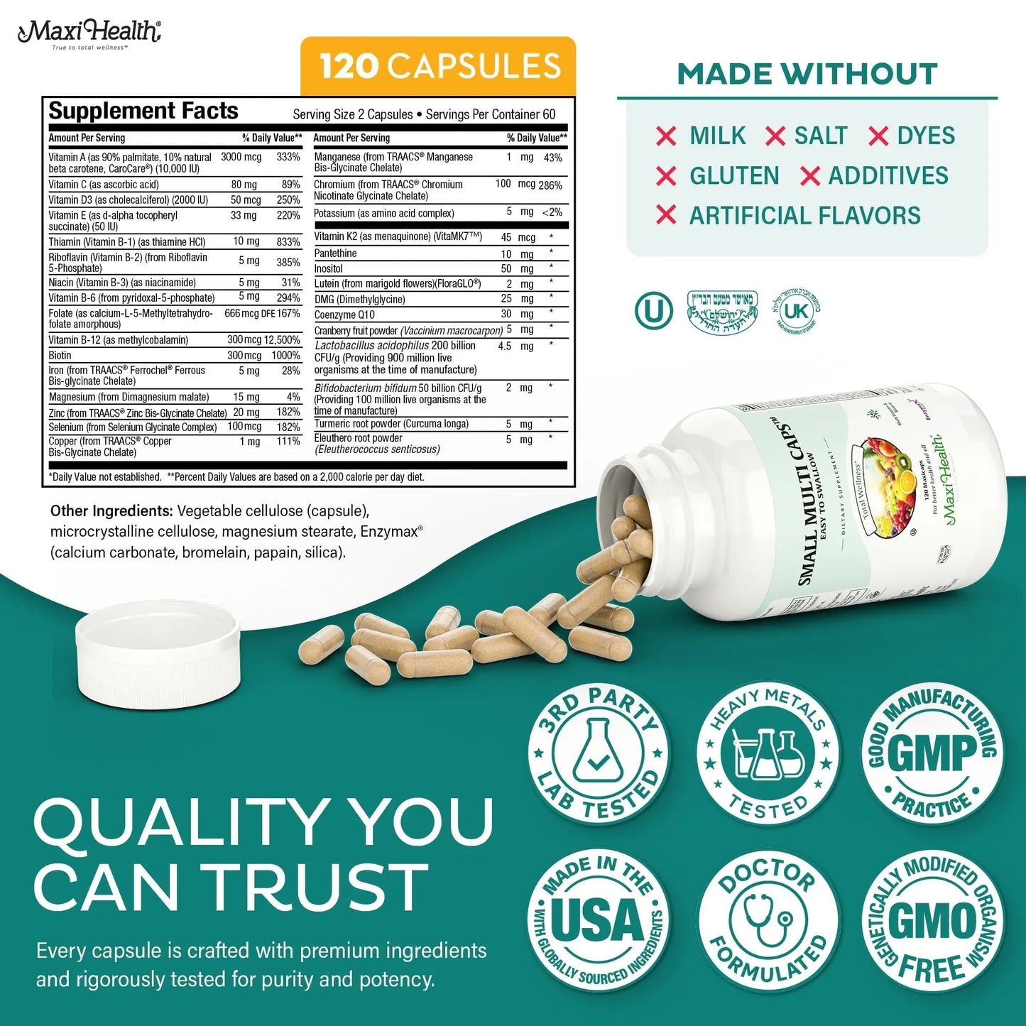 Maxi Health Multivitamin – Easy to Swallow Multi Vitamin Capsules with 30 Nutrients, Iron & Probiotics – Kosher Daily Multivitamins Small Capsules - Maple Wellness Supplements