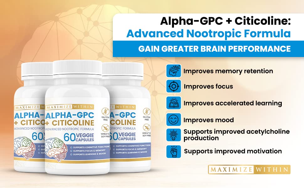 Maximize Within Alpha GPC + Citicoline 60 Ct, 1600mg Concentrated Formula- 99%+Highly Purified & Bioavailable Nootropic-Cognitive Enhancer, Supports Memory, Brain Function, Boosts Focus, Mood & Energy - Maple Wellness Supplements