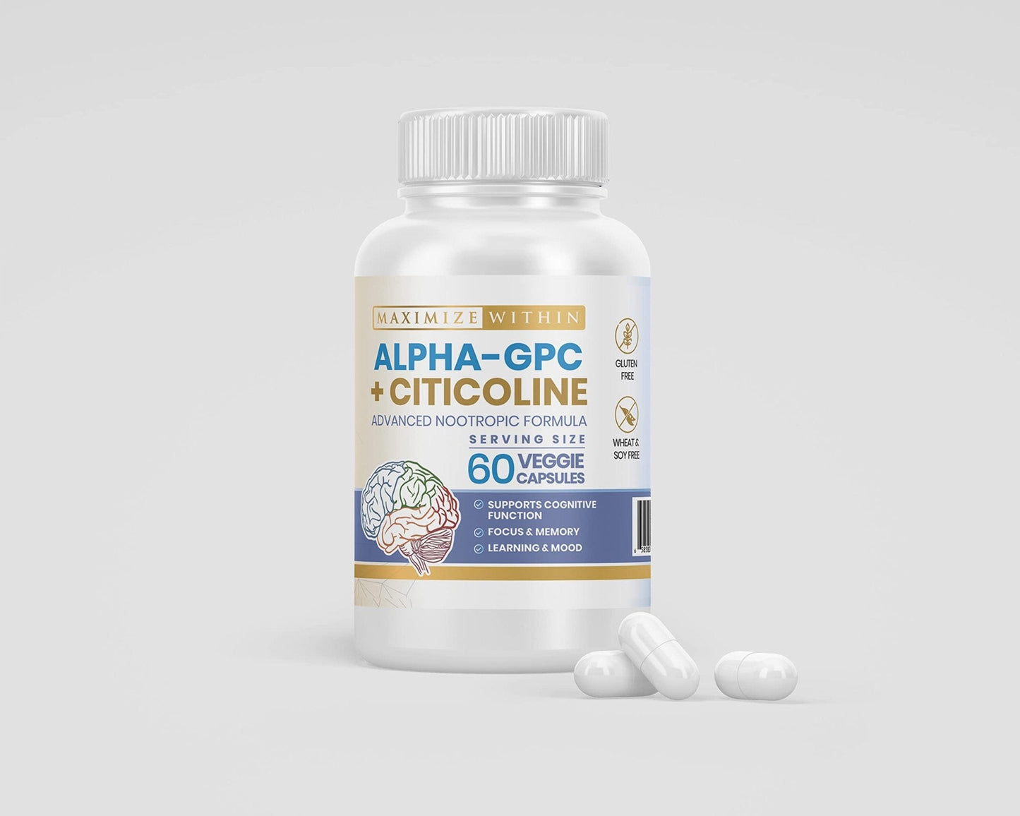 Maximize Within Alpha GPC + Citicoline 60 Ct, 1600mg Concentrated Formula- 99%+Highly Purified & Bioavailable Nootropic-Cognitive Enhancer, Supports Memory, Brain Function, Boosts Focus, Mood & Energy - Maple Wellness Supplements
