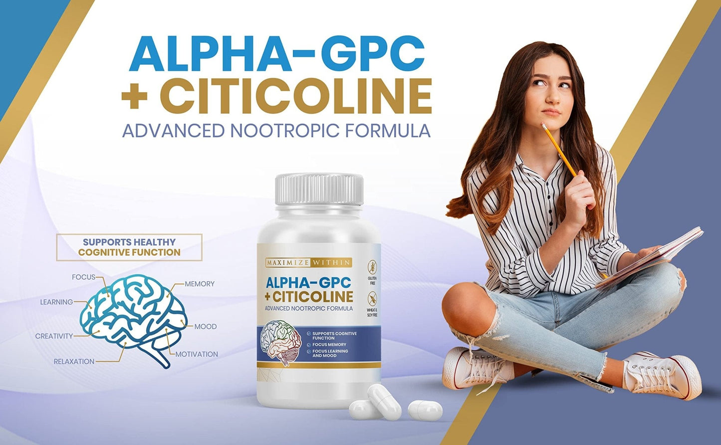 Maximize Within Alpha GPC + Citicoline 60 Ct, 1600mg Concentrated Formula- 99%+Highly Purified & Bioavailable Nootropic-Cognitive Enhancer, Supports Memory, Brain Function, Boosts Focus, Mood & Energy - Maple Wellness Supplements