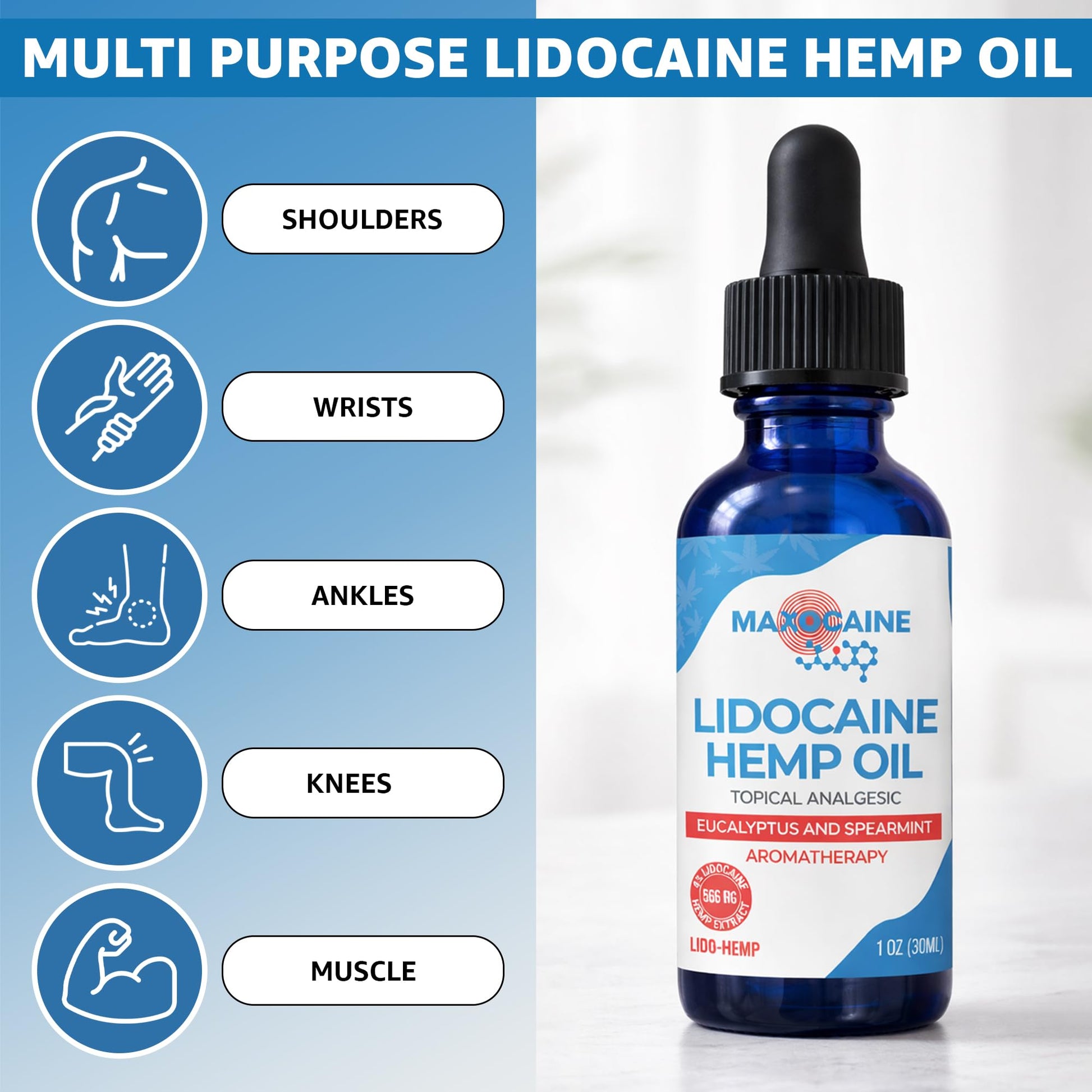 MAXOCAINE Lidocaine Hemp Oil 4% - Maximum Strength Topical Pain Relief, Fast Acting Soothing Oil for Muscle, Joint, Back & Arthritis Support, Cooling Eucalyptus & Spearmint, 1 oz (30 ml) - Maple Wellness Supplements
