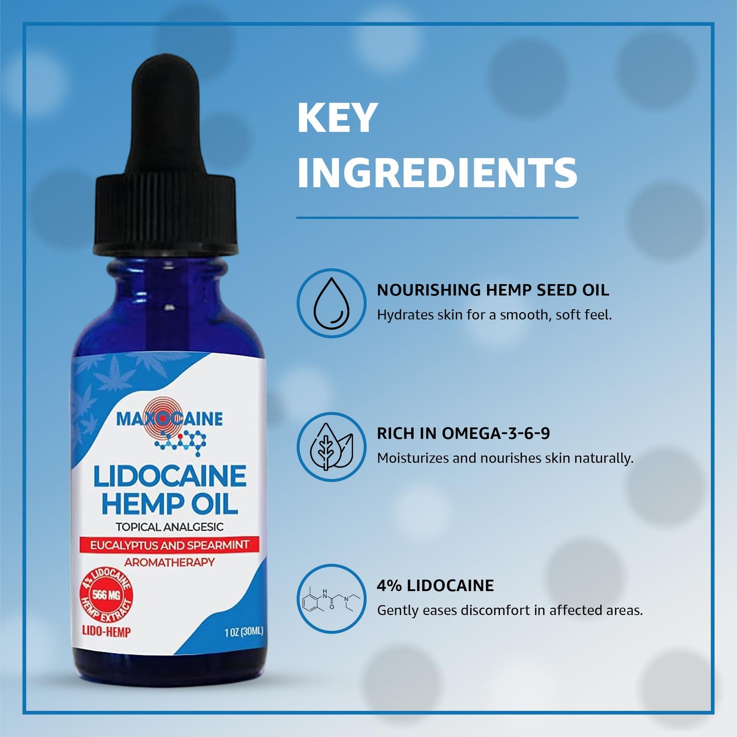 MAXOCAINE Lidocaine Hemp Oil 4% - Maximum Strength Topical Pain Relief, Fast Acting Soothing Oil for Muscle, Joint, Back & Arthritis Support, Cooling Eucalyptus & Spearmint, 1 oz (30 ml) - Maple Wellness Supplements