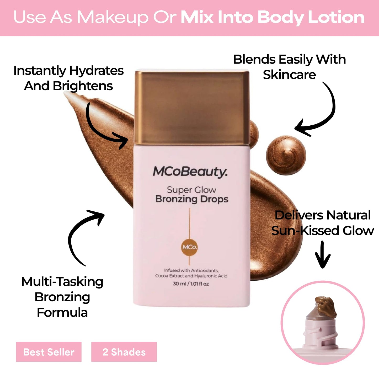 MCoBeauty - Super Glow Bronzing Drops - Effortless Face Tan with Shimmer Formula - Face Care, Bronze Drops - Contains Hyaluronic Acid, White Tea Extract, Cocoa Extract and More - Maple Wellness Supplements