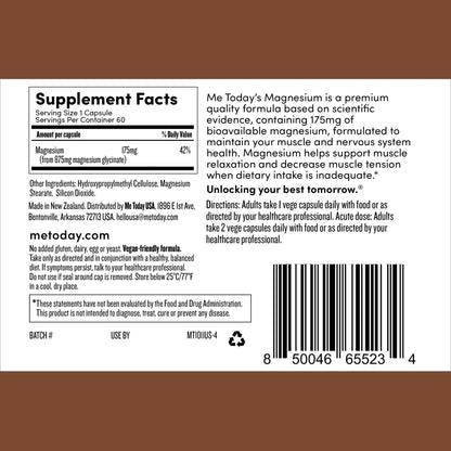 Me Today Magnesium Glycinate Supplement – 175mg High Absorption Magnesium Glycinate Capsule for Muscle Recovery, Nervous System Support, - Maple Wellness Supplements