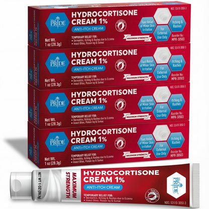 MED Pride Hydro Cortisone (Hydrocortisone) Cream 1% OTC Bulk Pack of 4 X 1 Oz Anti-Itch Ointment for Rash, Eczema, Bug Bites - Maple Wellness Supplements