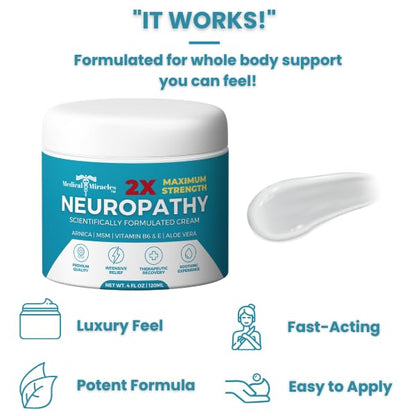 Medical Miracles Neuropathy Cream 2X Strength | Nerve Therapy Max Potency Relief for Feet, Hands, Legs, Toes - Arnica, Vitamin B6, Aloe Vera, MSM - Crafted for Exceptional Relief 4oz - Maple Wellness Supplements