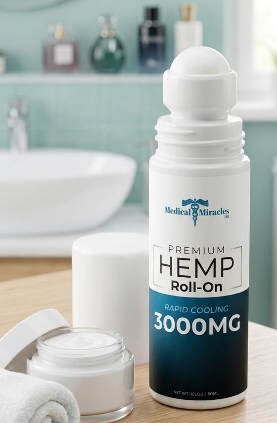 Medical Miracles New Hemp Oil Roll On - Ideal for Muscles, Hips, Joints, Neck, Back, Elbows, Fingers, Hands, and Knees (3000mg Roll-On) - Maple Wellness Supplements