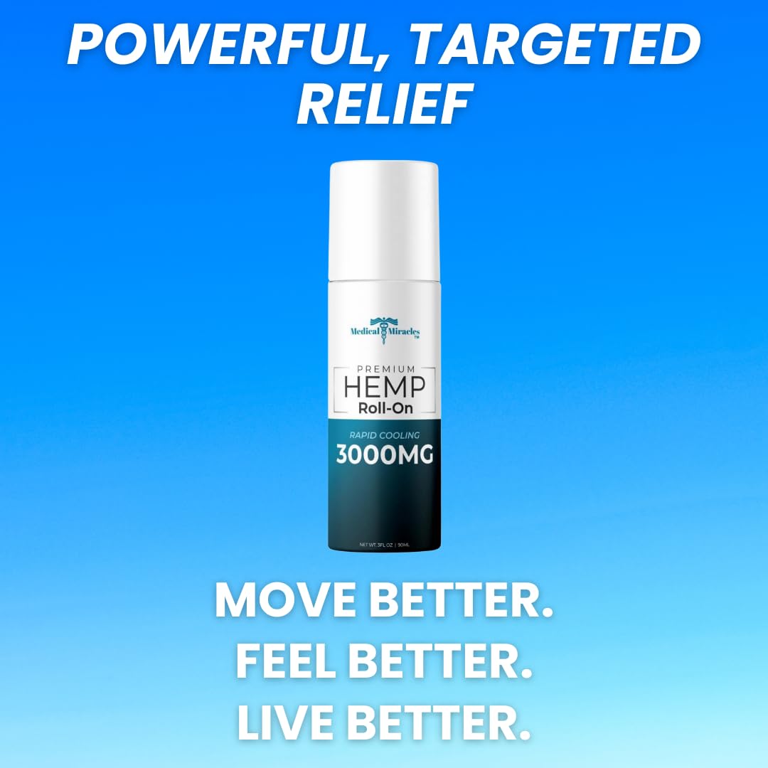 Medical Miracles New Hemp Oil Roll On - Ideal for Muscles, Hips, Joints, Neck, Back, Elbows, Fingers, Hands, and Knees (3000mg Roll-On) - Maple Wellness Supplements