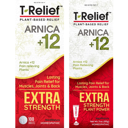 MediNatura T-Relief Extra Strength Pain Relief Arnica +12 Plant-Based Pain Relievers 100ct Tablets T-Relief Extra Strength Pain Relief 3oz Cream Bundle - Maple Wellness Supplements