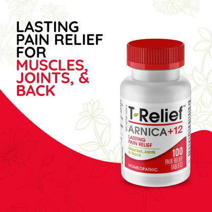 MediNatura T-Relief Pain - Arnica Medication for Naturally Soothing Body Aches - Supports Muscle, Joint & Back Relief - Chewable Tablets - Plant-Based Tablets - Non-Addictive - 100 Count - 2 Pack - Maple Wellness Supplements