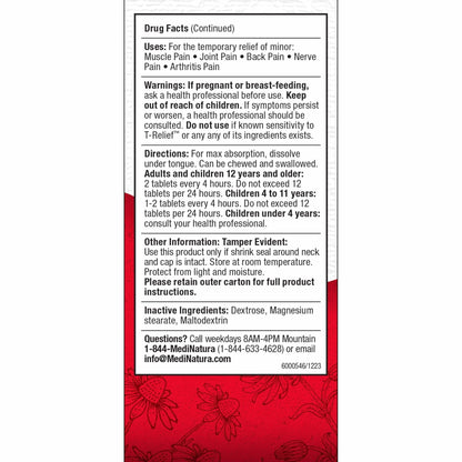 MediNatura T-Relief Pain - Arnica Medication for Naturally Soothing Body Aches - Supports Muscle, Joint & Back Relief - Chewable Tablets - Plant-Based Tablets - Non-Addictive - 100 Count - 2 Pack - Maple Wellness Supplements