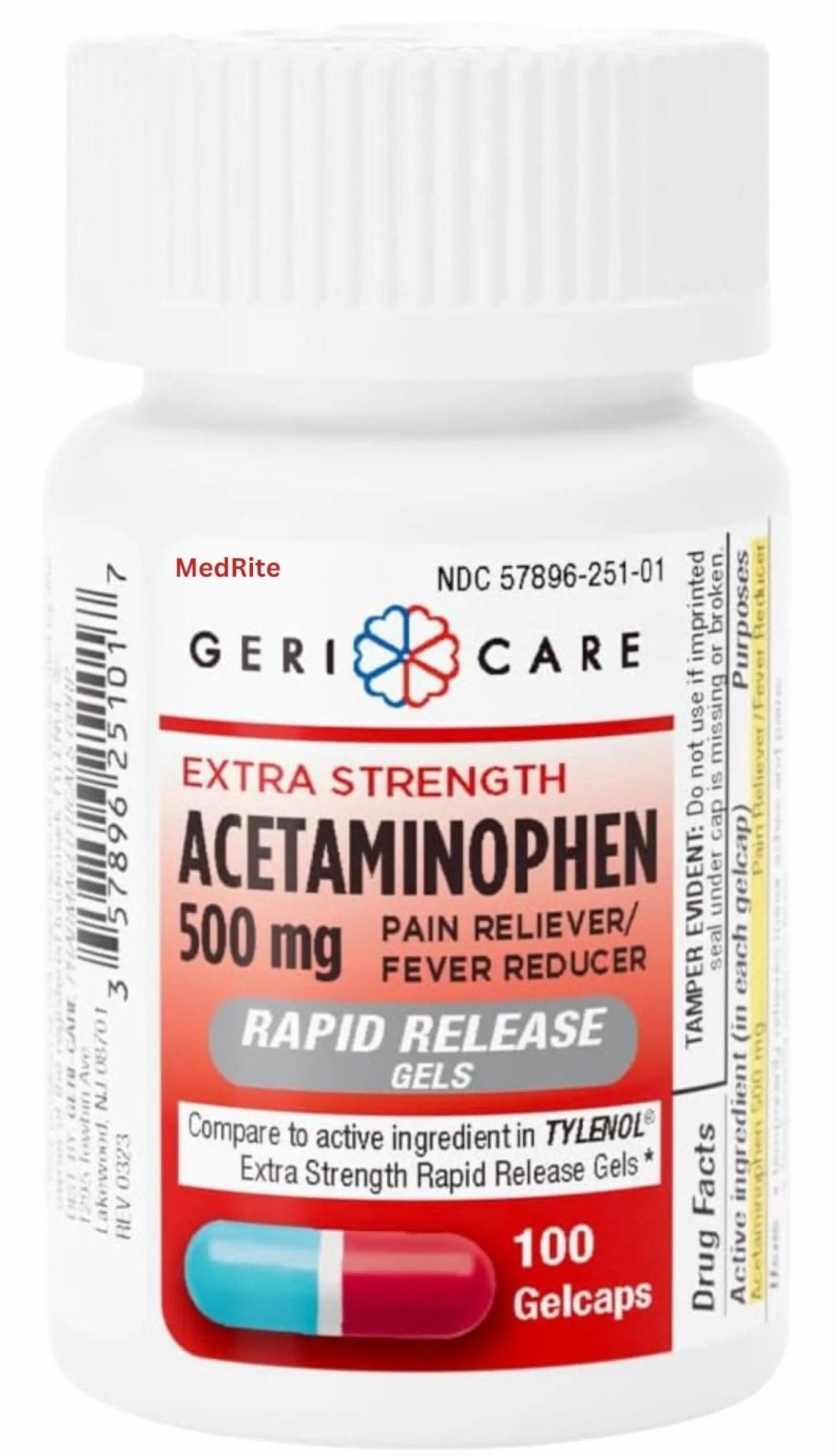 MedRite Acetaminophen 500mg Extra Strength - 100 Rapid Release Gelcaps - Over-The-Counter Medication - Maple Wellness Supplements