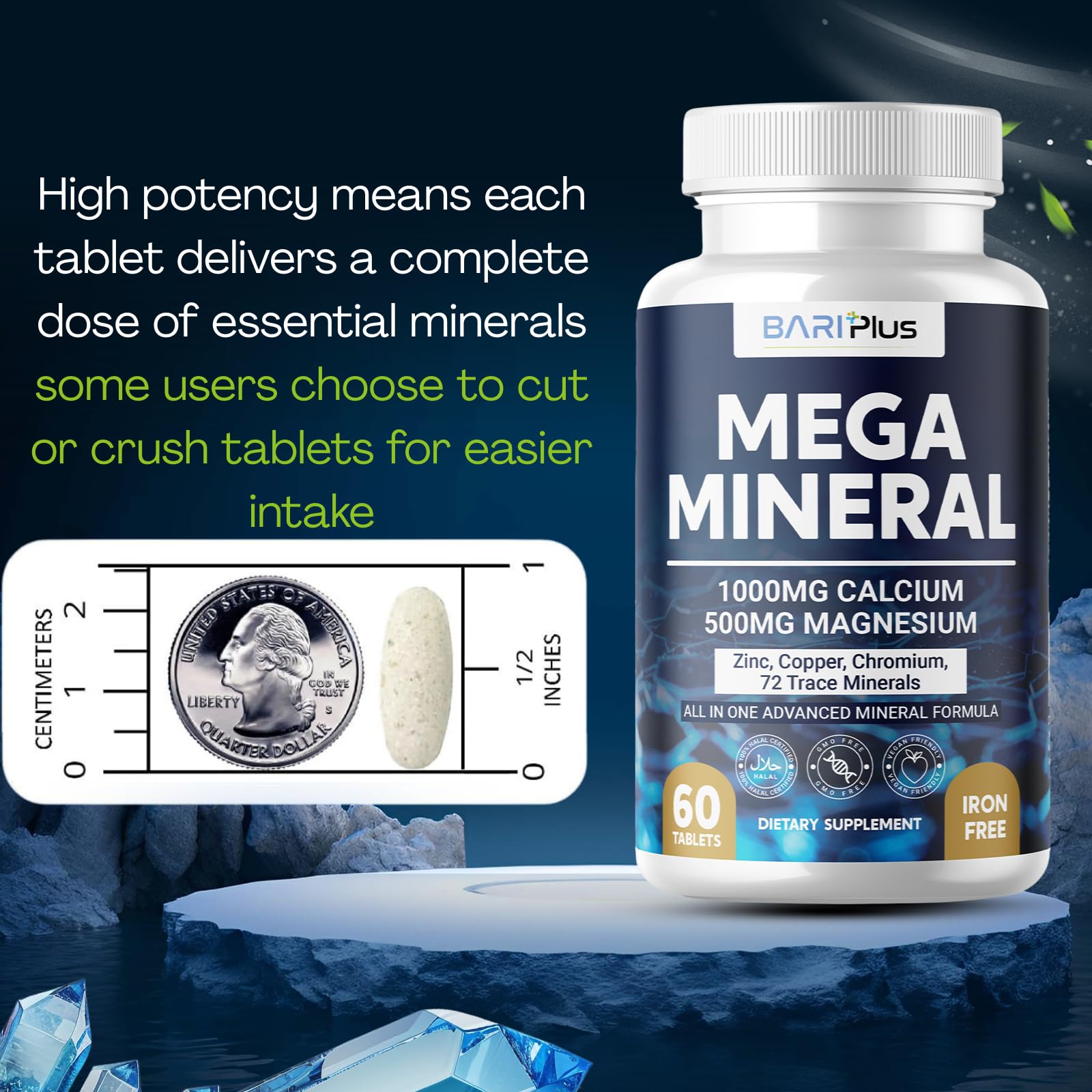 Mega Mineral – Complete Complex with Vitamin D, Calcium, Magnesium, Zinc, Potassium, Boron, Selenium, Chromium & Trace Minerals – Iron-Free – USA Made – 60 Tablets - Maple Wellness Supplements