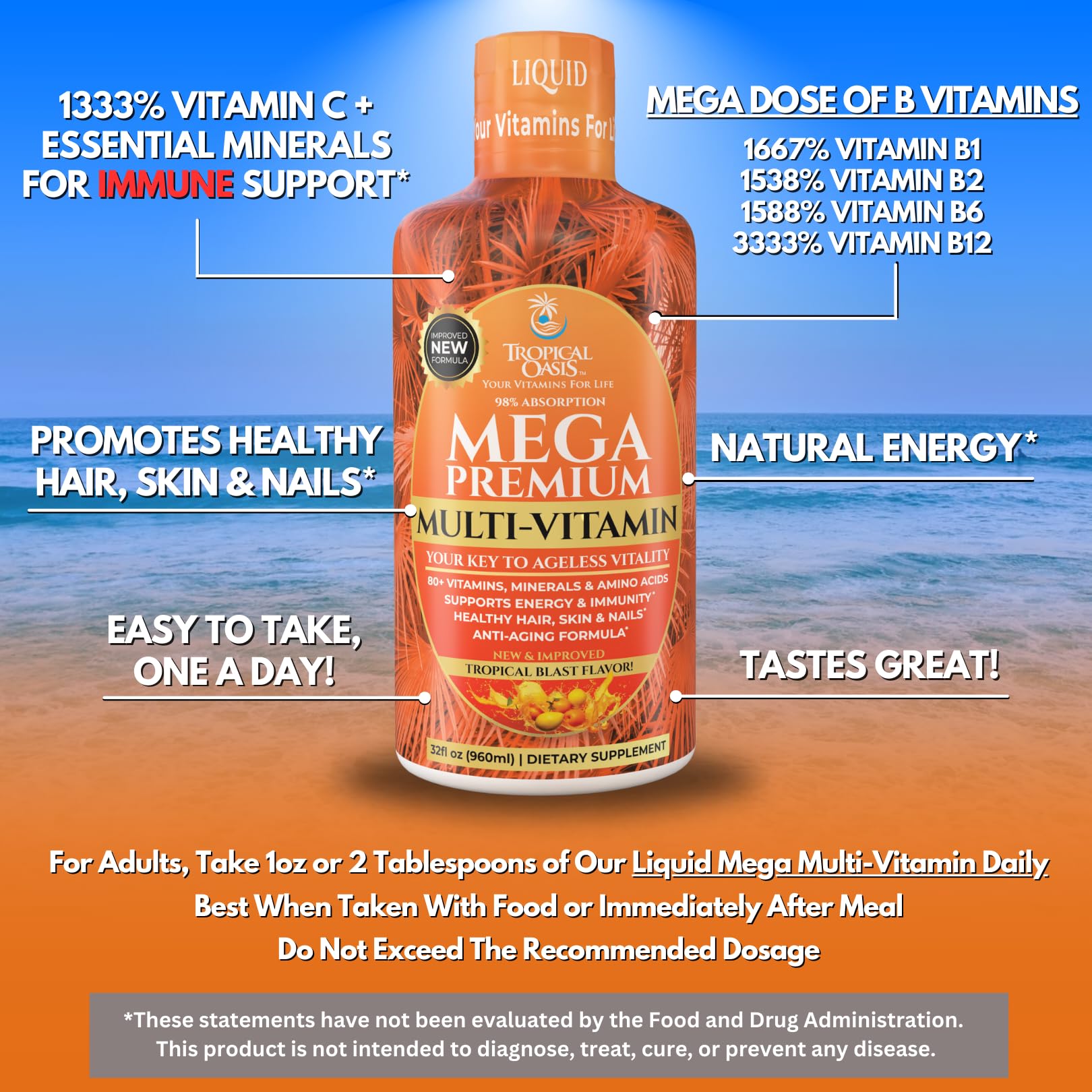 Mega Premium Liquid Multivitamin | Natural Immune Support Vitamin w/ 1333% Vitamin C, 200% D3, Zinc + 20 Vitamins, 70 Minerals, & 21 Amino Acids | Sugar Free | Orange Flavor | 98% Absorption | 32 Serv - Maple Wellness Supplements