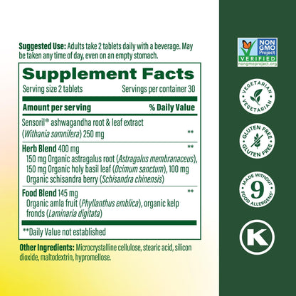 MegaFood Ashwagandha Complex (Formerly Stress Protect) - Ashwagandha Supplements Astragalus Root & Holy Basil - Vegetarian, Gluten Free, Cortisol Supplement - 60 Mini Tablets, 30 Servings - Maple Wellness Supplements