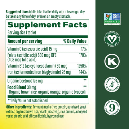 MegaFood Blood Builder Iron Supplement for Women & Men - Increase Iron Levels Without Side Effects - Combats Fatigue - with Vitamin B12, Folic Acid - Maple Wellness Supplements