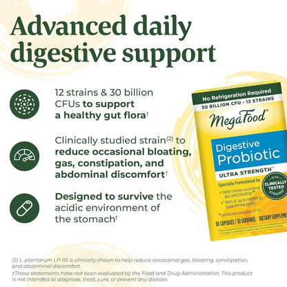 MegaFood Digestive Probiotic - 12 Strain Vegetarian Probiotics for Women & Men, 30 Billion CFUs, Support Gut Health, Probiotics for Digestive Health Help Relieve Occasional Gas & Bloating, 30 Capsules - Maple Wellness Supplements