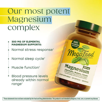 MegaFood Magnesium Glycinate, Citrate & Malate 300mg Supplement - Highly Absorbable Blend to Support Heart, Nerve Health & Relaxation, - Maple Wellness Supplements