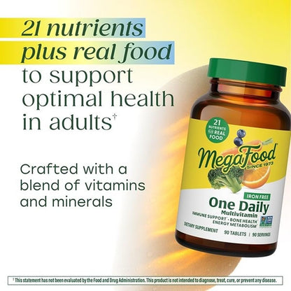 MegaFood One Daily Iron Free Multivitamin - Multivitamin for Women and Men - with Real Food - Immune Support Supplement - Bone Health - Energy Metabolism - Vegetarian; Non-GMO; No Iron - 60 Tablets - Maple Wellness Supplements