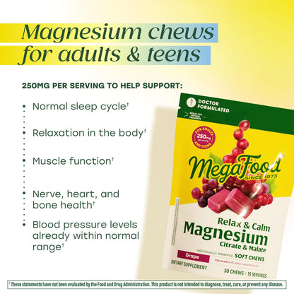 MegaFood Relax + Calm Magnesium Complex with Magnesium Citrate & Malate for Heart Health, Muscle Tension & More – Doctor Formulated - Vegetarian – Grape Flavor - 30 Soft Chews (15 Servings) - Maple Wellness Supplements
