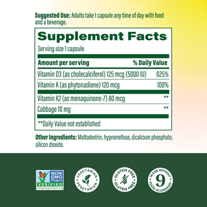 MegaFood Vitamin D3 5000 IU (125 mcg) - Vegetarian Supplements with Vitamin D3 K2 - Supports Bones, Teeth, Muscles & Immune Health - Certified Non-GMO - 120 Mini Capsules, 120 Servings - Maple Wellness Supplements