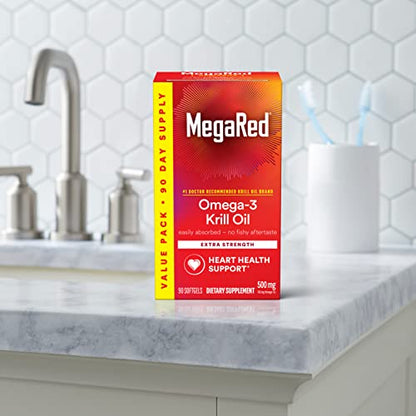 MegaRed Antarctic Krill Oil 500mg Omega 3 Fatty Acid Supplement, Extra Strength EPA & DHA Krill Oil Softgels (90cnt Box), Astaxanthin - Maple Wellness Supplements