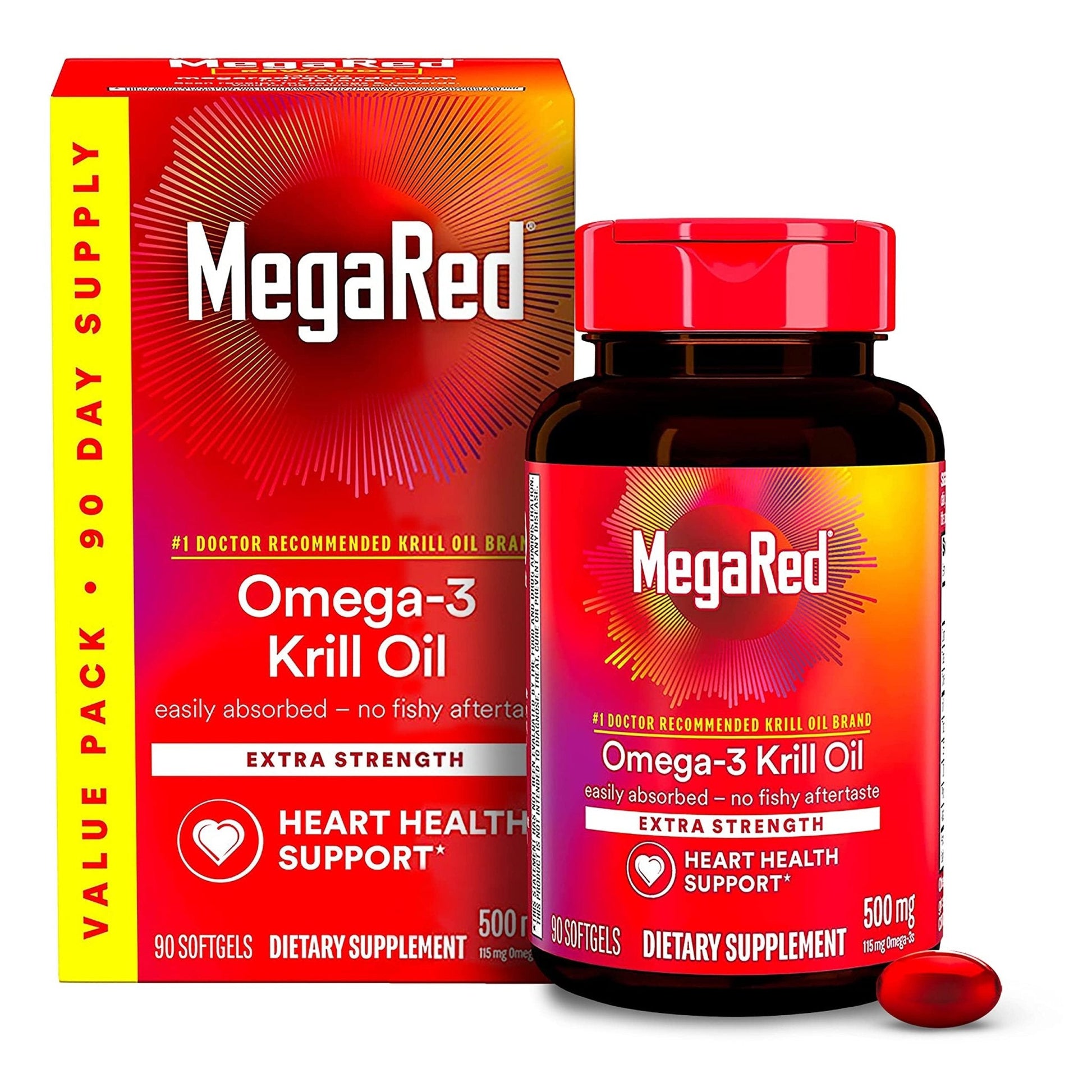 MegaRed Antarctic Krill Oil 500mg Omega 3 Fatty Acid Supplement, Extra Strength EPA & DHA Krill Oil Softgels (90cnt Box), Astaxanthin - Maple Wellness Supplements