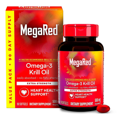 MegaRed Antarctic Krill Oil 500mg Omega 3 Fatty Acid Supplement, Extra Strength EPA & DHA Krill Oil Softgels (90cnt Box), Astaxanthin - Maple Wellness Supplements