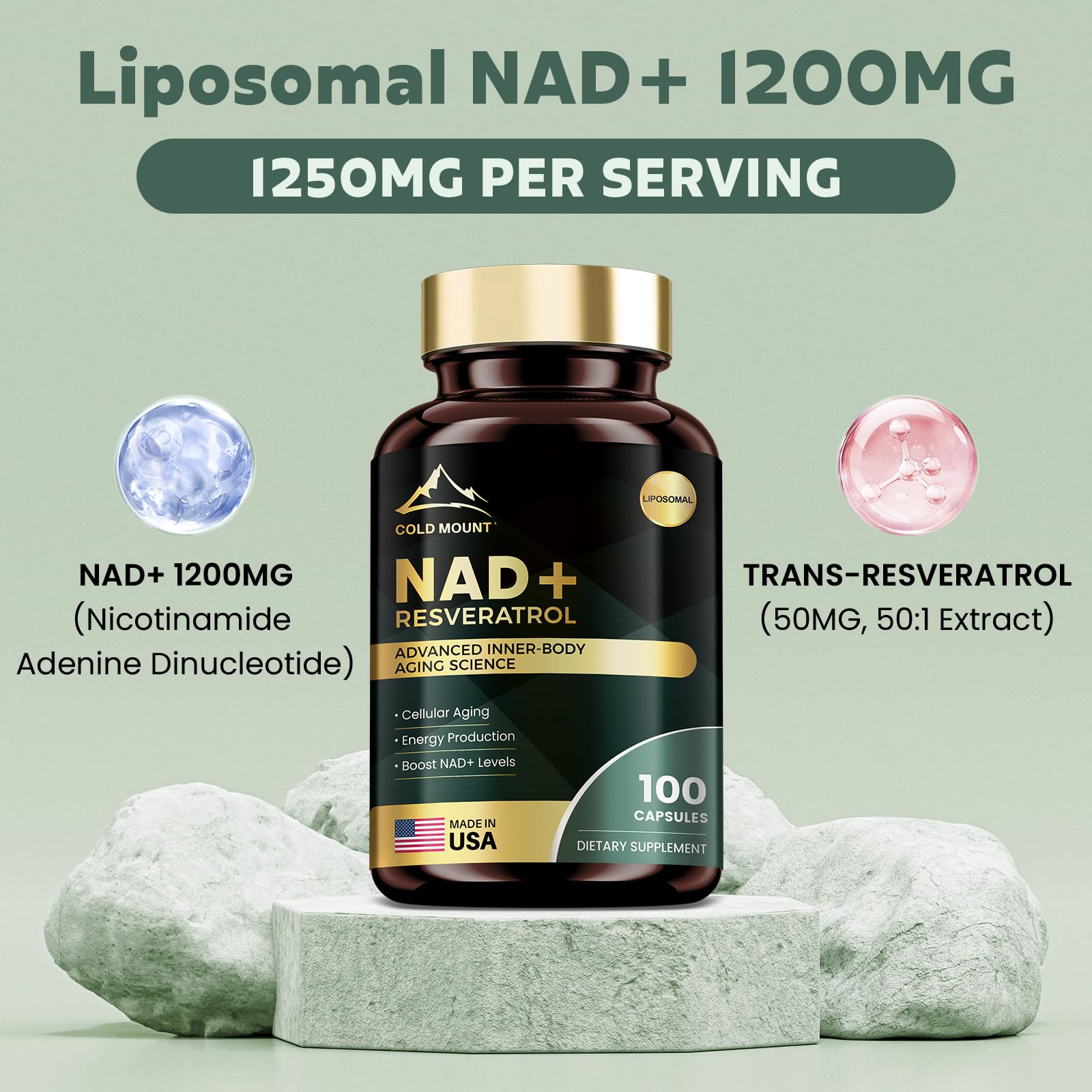 MEGNETA Liposomal NAD+ Supplement 1200mg with Trans Resveratrol - Boost NAD+ Levels, Energy & Anti-Aging Support - Vegan, 100 Capsules - Maple Wellness Supplements