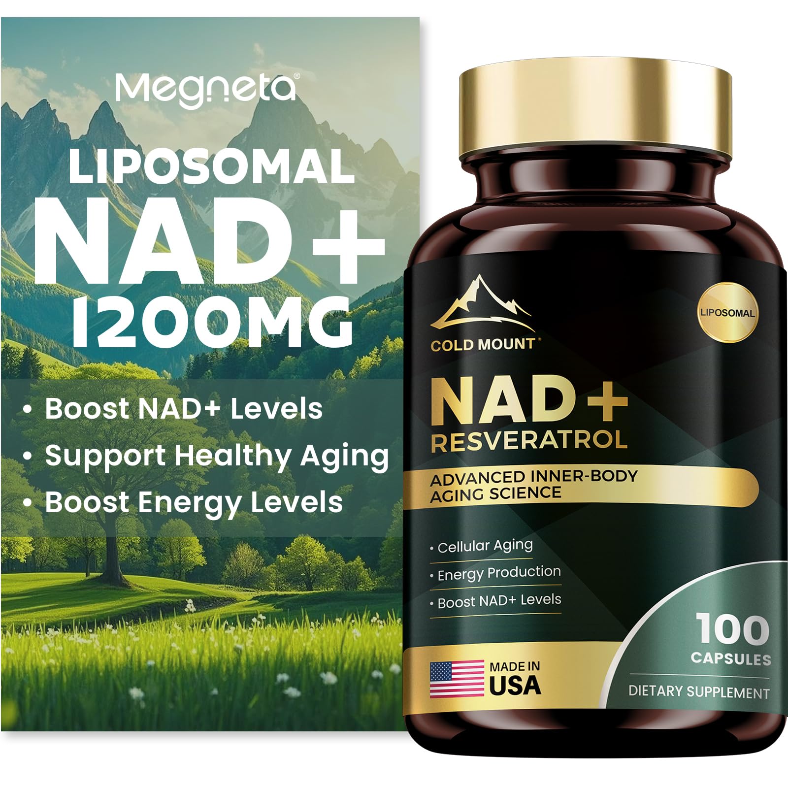 MEGNETA Liposomal NAD+ Supplement 1200mg with Trans Resveratrol - Boost NAD+ Levels, Energy & Anti-Aging Support - Vegan, 100 Capsules - Maple Wellness Supplements