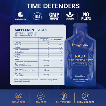 MEGNETA Liposomal NAD+ Supplement with Resveratrol, Anti-Aging, Energy Boost & Cellular Health Support, 15.2 fl. oz NAD Liquid for Men & Women (30 Pouch) - Maple Wellness Supplements