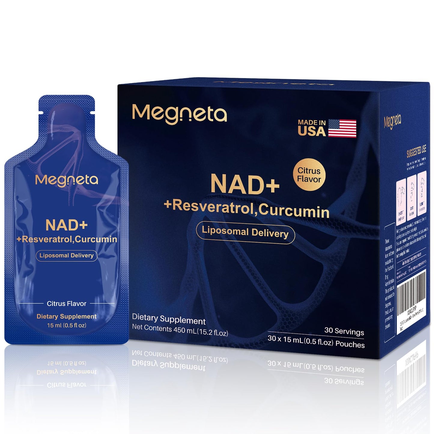 MEGNETA Liposomal NAD+ Supplement with Resveratrol, Anti-Aging, Energy Boost & Cellular Health Support, 15.2 fl. oz NAD Liquid for Men & Women (30 Pouch) - Maple Wellness Supplements