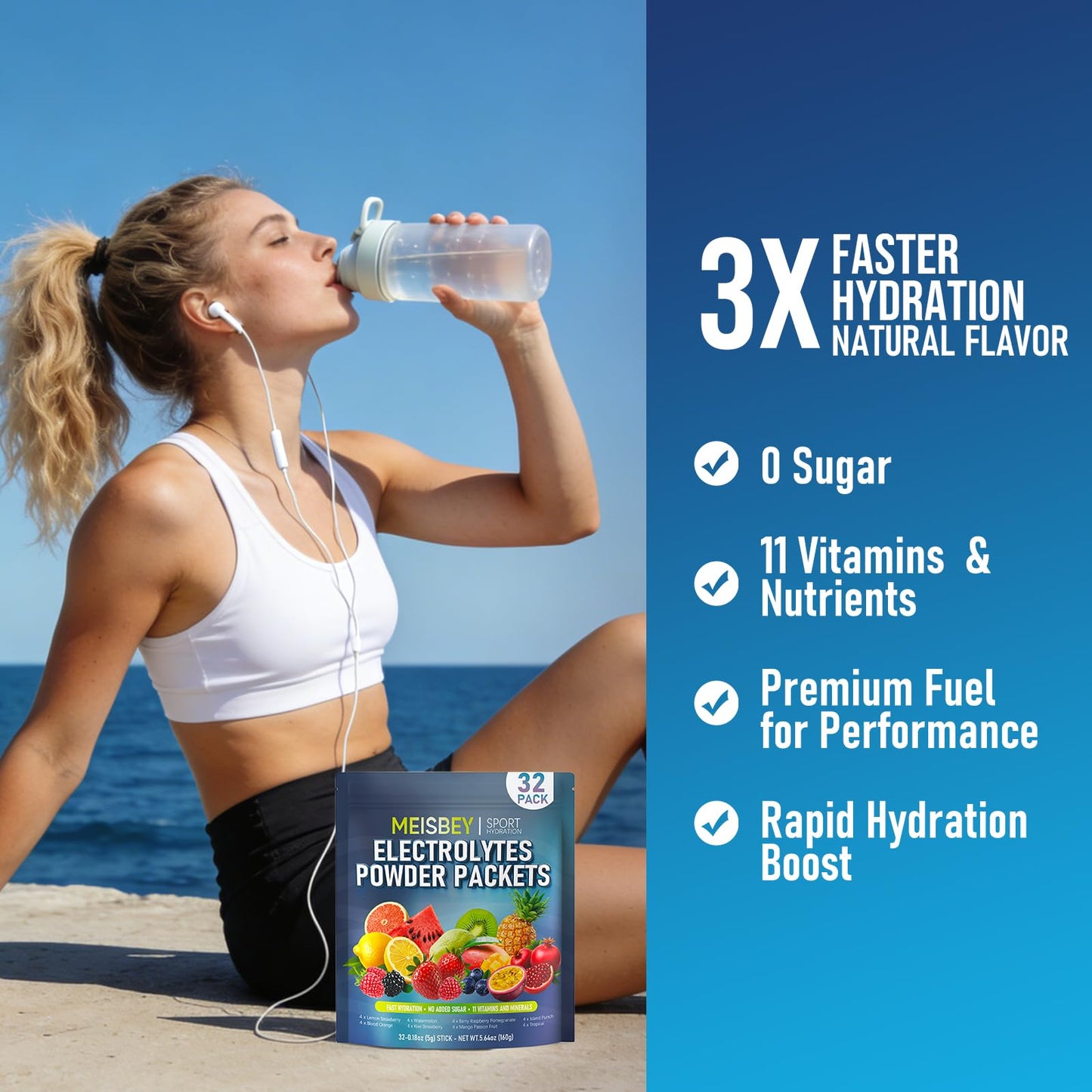Meisbey Electrolyte Powder Packets – 32 Sticks Sugar Free Hydration Packets, Liquid Daily IV Electrolyte Hydration Powdered Drink Mix with Vitamins & Minerals, Keto Friendly, Vegan, Non-GMO - Maple Wellness Supplements