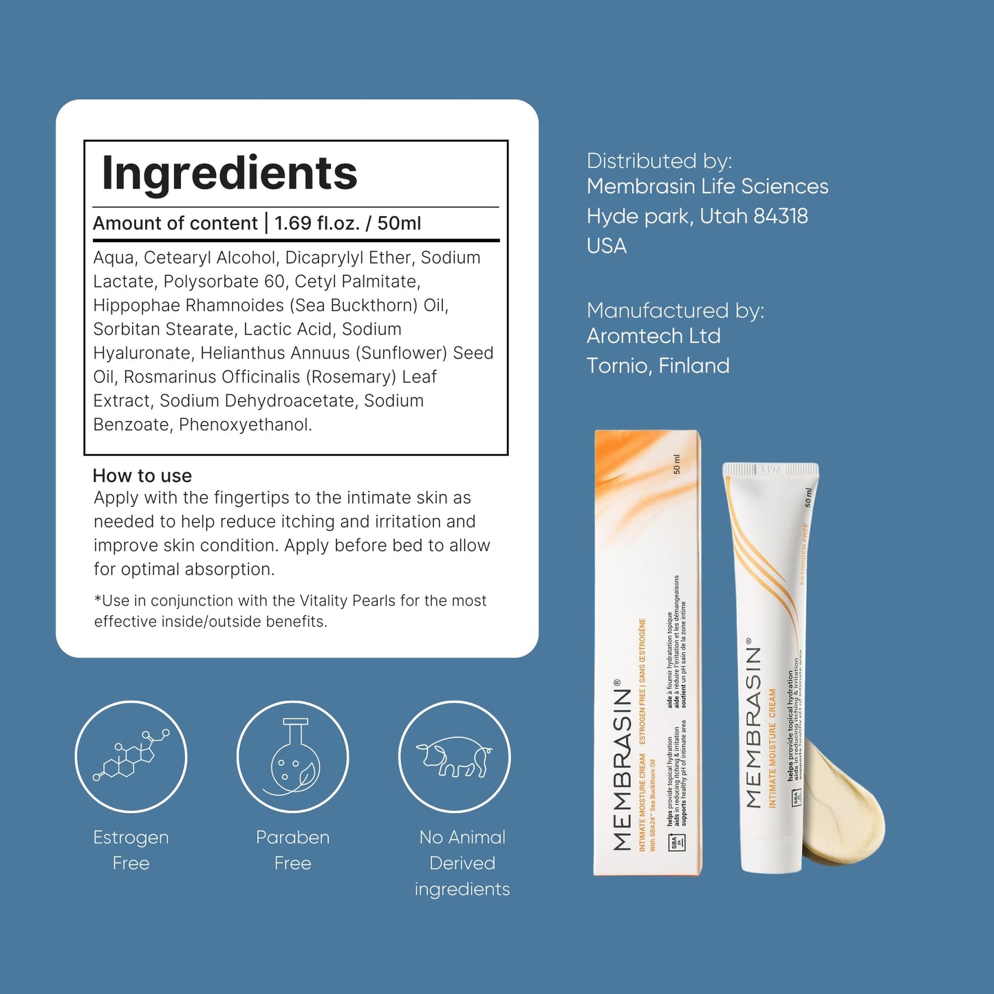 Membrasin Vaginal Moisture Cream with Hyaluronic Acid, Relieves Vaginal Dryness, Itching and Burning, Menopause Support, Hormone Free, Plant Based Formula with Omega 3 6 7 9 and Vitamin E, 50 ml - Maple Wellness Supplements