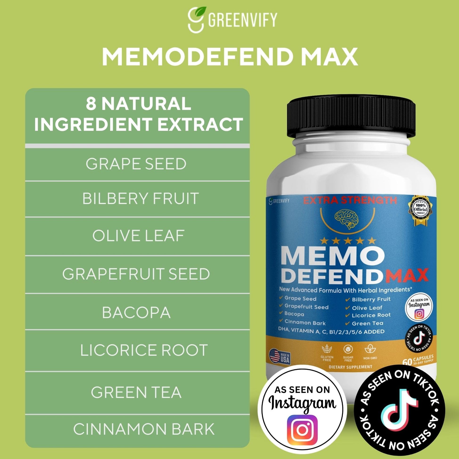 Memo Defend Max Memory Support Supplement, 60 Capsules, with Vitamins A C D E B Complex, DHA, Bacopa, Grapefruit Seed (1) - Maple Wellness Supplements