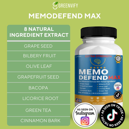 Memo Defend Max Memory Support Supplement, 60 Capsules, with Vitamins A C D E B Complex, DHA, Bacopa, Grapefruit Seed (1) - Maple Wellness Supplements