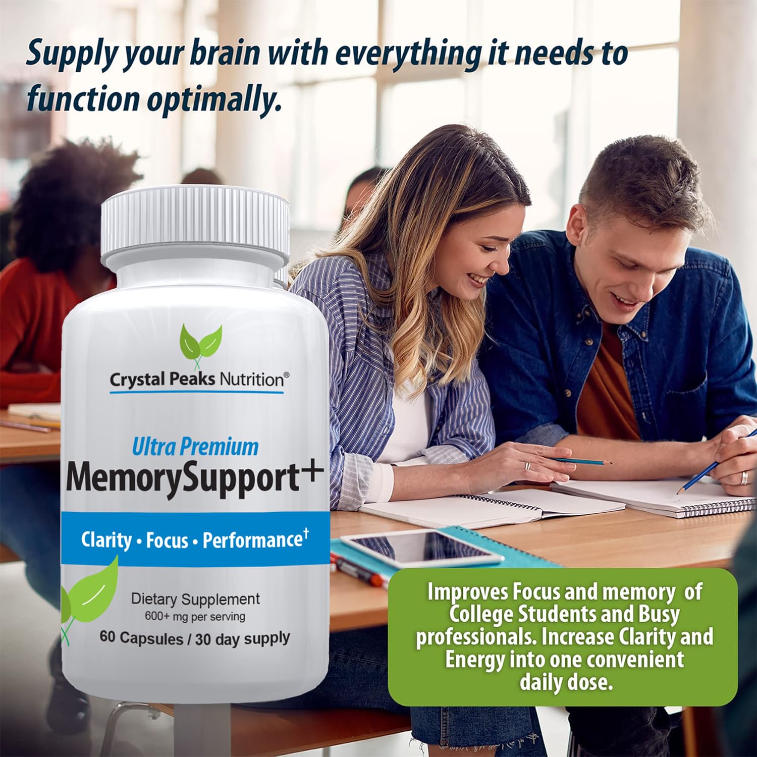 Memory Boost + Brain Support Supplement – Nootropic for Focus, Concentration, Memory. Enhanced Energy, Recall and Alertness - 60 Capsules/30-day Supply. - Maple Wellness Supplements