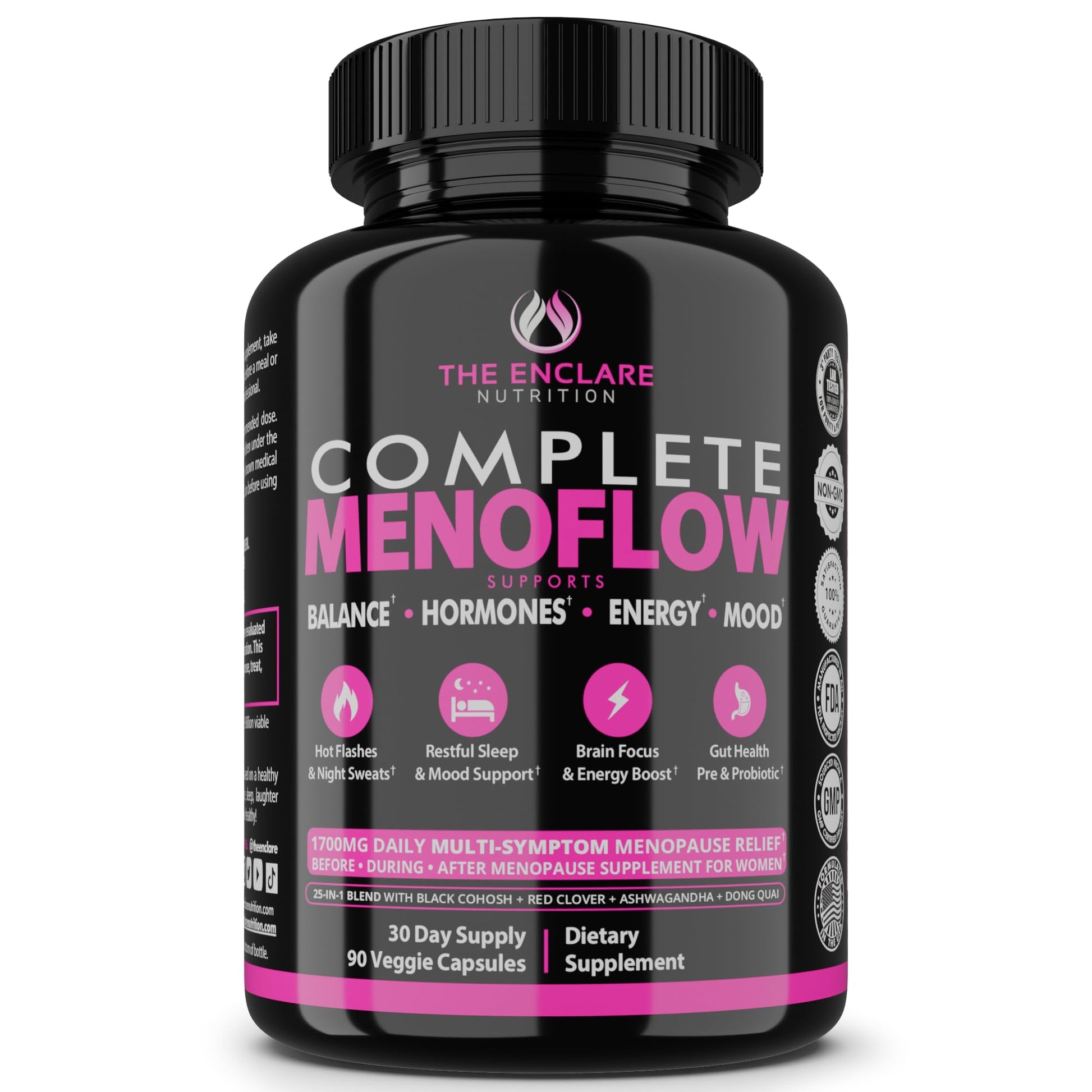 Menopause Supplement for Women – Complete MenoFlow 1700mg Daily Multi-Symptom Support, Hot Flash Relief, Hormone Balance, Mood & Energy, with Black Cohosh, Red Clover & Ashwagandha – 90 Veggie Caps - Maple Wellness Supplements