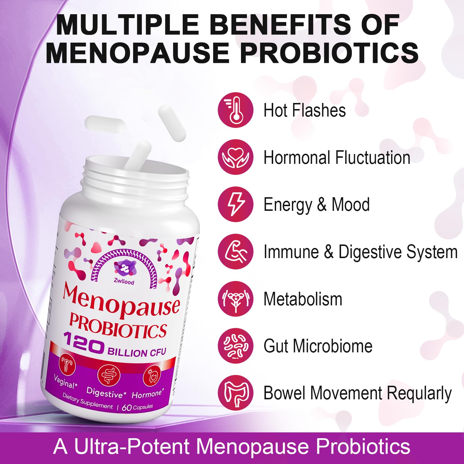 Menopause Supplements for Women, 120 Billion CFU Menopause Probiotics for Women, All-Natural Probiotic for Hot Flashes Menopause, Night Sweats, Mood Swings, Gut and Hormone - 60 Herbal Capsules - Maple Wellness Supplements