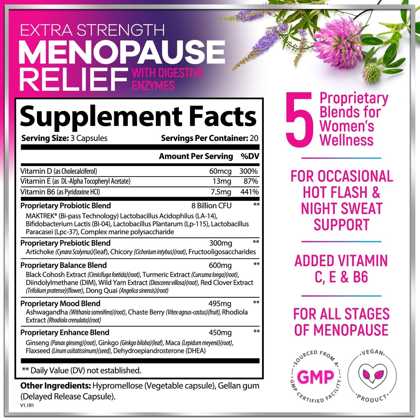 Menopause Supplements for Women - Complete Hot Flash Night Sweats & Menopause Relief Pills, 8 Billion CFU Probiotics with Dong Quai & Black Cohosh for Vaginal, Digestive Support - 60 Capsules - Maple Wellness Supplements